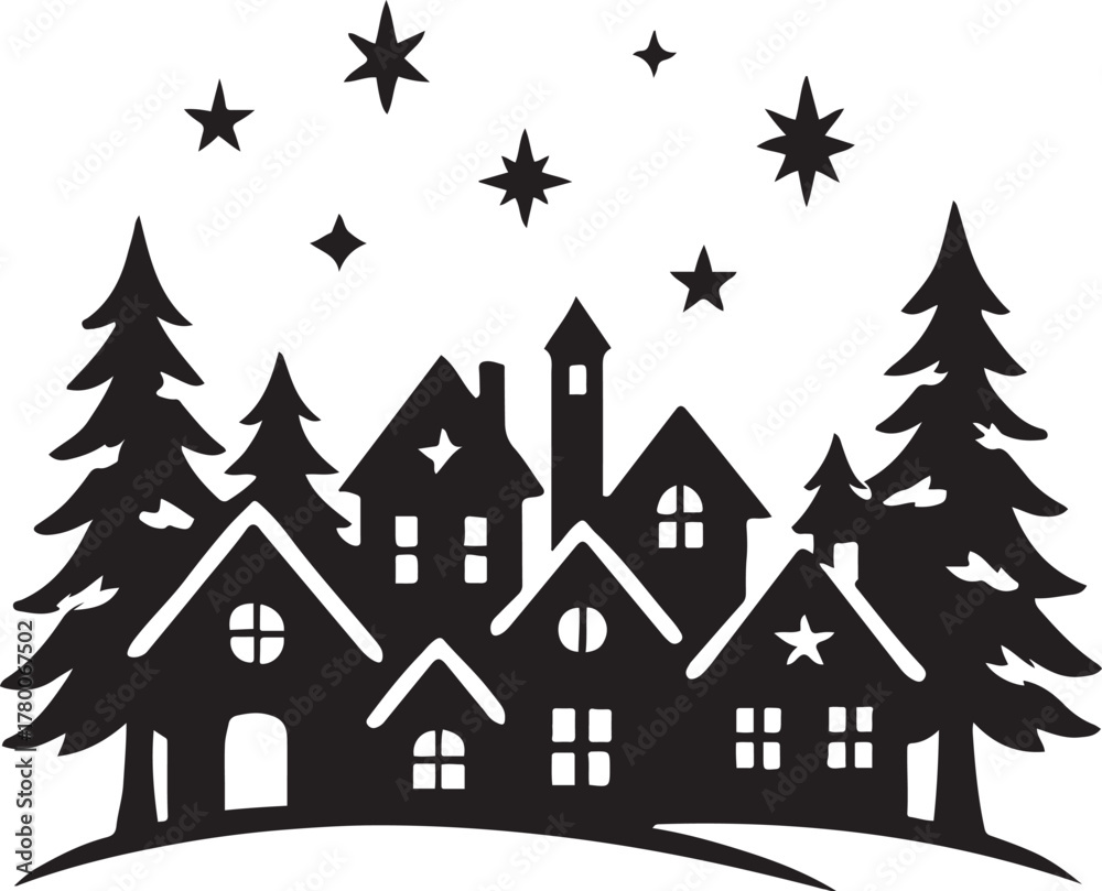 Fototapeta premium Winter village silhouette vector scene with trees and stars 