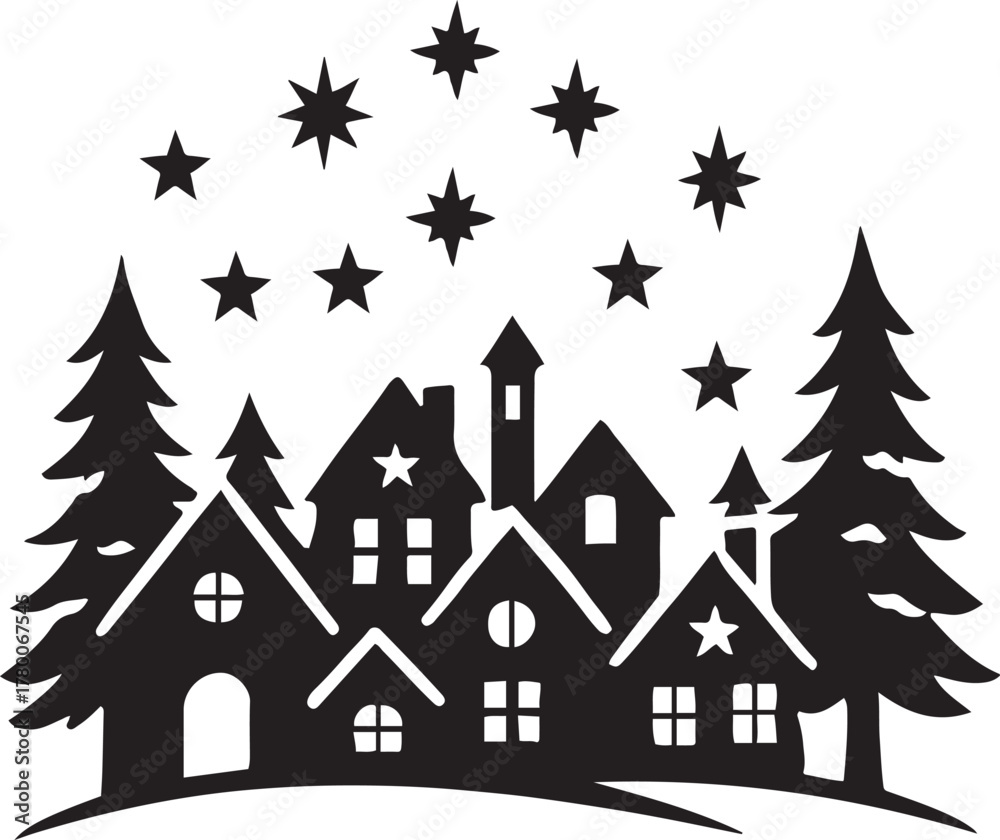 Fototapeta premium Winter village silhouette vector scene with trees and stars 