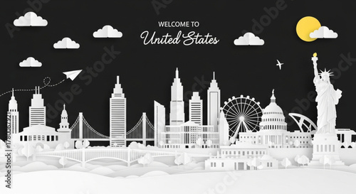 Welcome to the United States. 3D paper cut art vector illustration of American cityscape with iconic landmarks like the Statue of Liberty and the Capitol Building. Ideal for travel posters, banners.