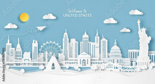Welcome to the United States. 3D paper cut art vector illustration of American cityscape with iconic landmarks like the Statue of Liberty and the Capitol Building. Ideal for travel posters, banners.