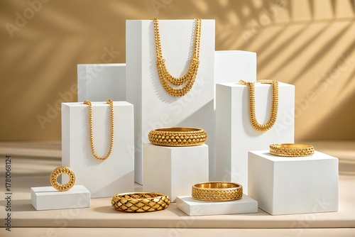 Assortment of Gold Jewelry on White Pedestals necklaces