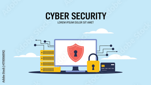 Cyber Security Illustration Computer with Shield, Padlock, Servers, and Credit Card on a Light Blue Background