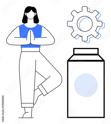 Woman balancing in a yoga pose, large gear symbolizing productivity, and carton illustrating nutrition. Ideal for wellness, mindfulness, balance, productivity, healthy habits, self-care simple flat
