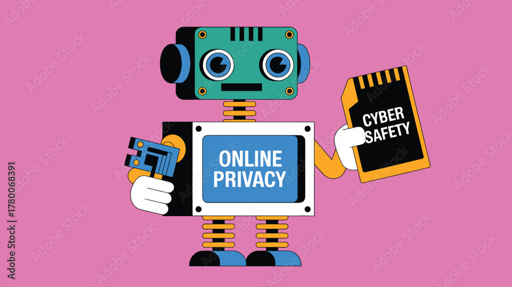Fototapeta premium Funky Cartoon Robot Promoting Online Privacy and Cyber Safety on a Pink Background