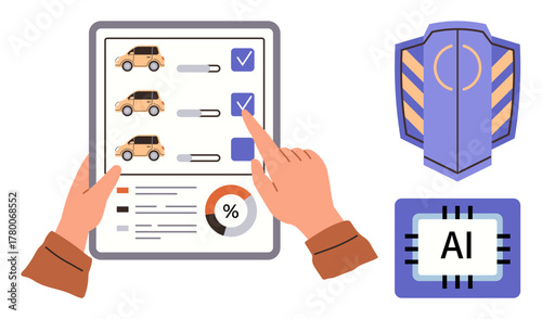 Hands reviewing a car selection checklist, AI chip icon, and safety shield symbol. Ideal for technology, AI, innovation, safety, decision-making automation transportation. Simple flat metaphor