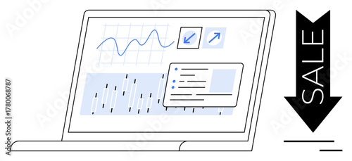 Open laptop showing line chart, bar chart, and trend analysis with arrow indicating sales decline. Ideal for analytics, e-commerce, business strategy, financial forecasting, market analysis, sales