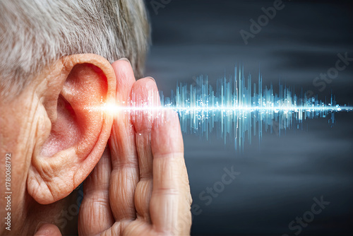 An elderly person listening intently, with sound waves visually representing audio. The image highlights the importance of hearing and sound perception.