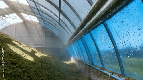 Medium shot capturing humid climate conditions inside a biomass dome storage highlighting moisture regulation systems and condensation on surfaces.