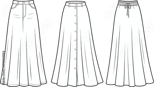 Technical CAD Drawing Flat Vector Illustration of Women's Long Maxi Skirts Set, Denim, Button-Front, and Elastic Waist Styles for Fashion Design.