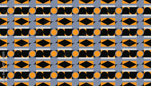 Seamless geometric pattern in orange, black, and gray with circular and diamond shapes arranged in a modern rhythmic grid. Bold color contrast and symmetry create a striking contemporary design