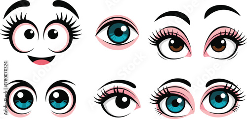 Cute anime eyes collection, colorful vector illustration of cartoon expressions, adorable female characters, blue and brown eyes design art