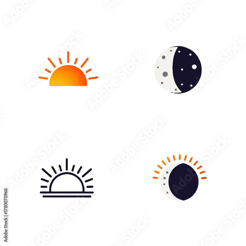 Minimalist flat 2D vector icon set of celestial bodies. Features symbols for sun, moon, sunrise, sunset, and a solar eclipse for day and night cycle concepts