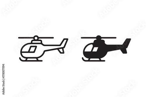 helicopter icon outline and solid vector set showing rotor and skid