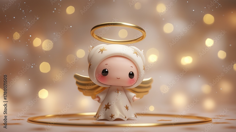 Fototapeta premium Cute angel in gold-star robe with golden wings and halo.