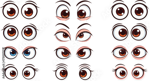 Cute cartoon anime eyes collection, vector illustration of expressive manga eye designs, adorable emotion set, character design elements, kawaii art