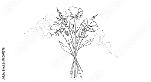 Elegant floral arrangement rendered in a minimalist black and white line art style.