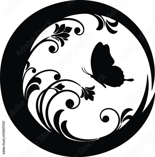 Canvas Print Vector butterfly and floral design in circular black frame silhouette illustrati