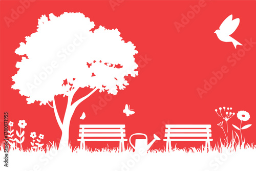 park silhouette tree bench bird wateringcan butterflies flatdesign