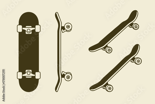skateboard top view and four perspective angles vector illustration