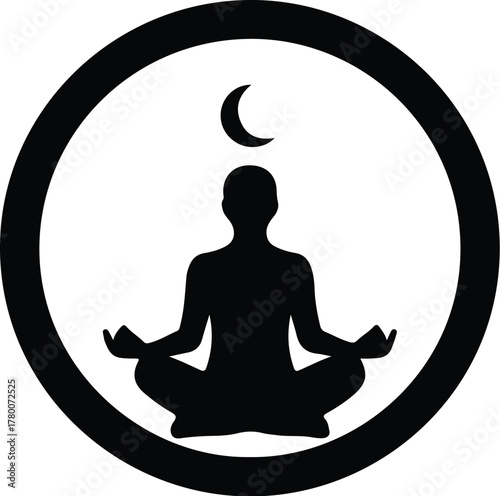 Vector meditating figure crescent moon inside circle silhouette illustration