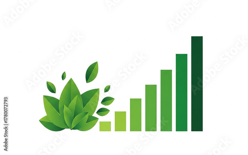 Green leaves and growing bar chart symbolizing sustainable growth and environmental progress