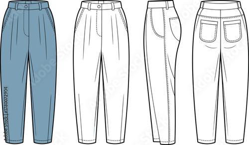 Women's High-Waisted Tapered Trousers with Front Pleats and Multiple Views Technical Fashion Sketch CAD Drawing Vector Illustration