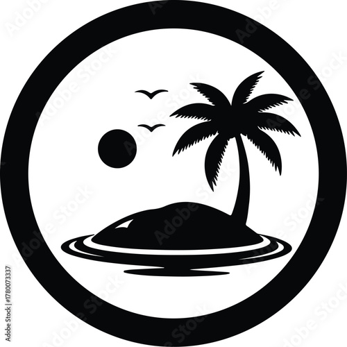 Vector tropical island with palm tree and sun silhouette illustration