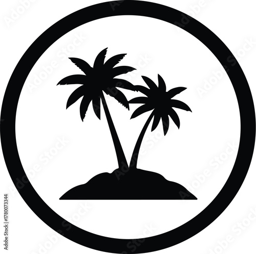 Vector tropical island with palm trees inside circle silhouette illustration