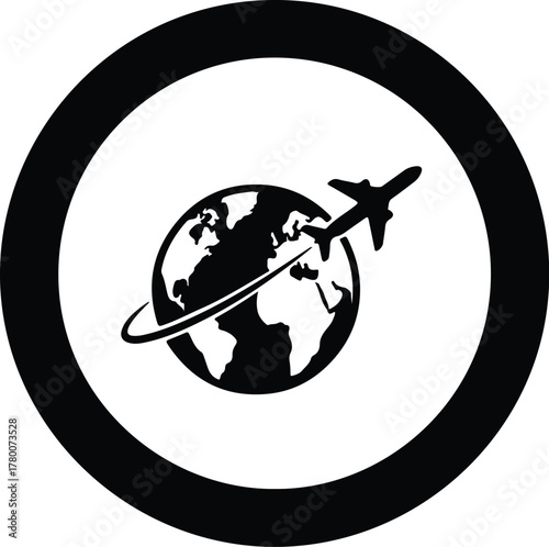 Vector World travel airplane flying around earth globe silhouette illustration