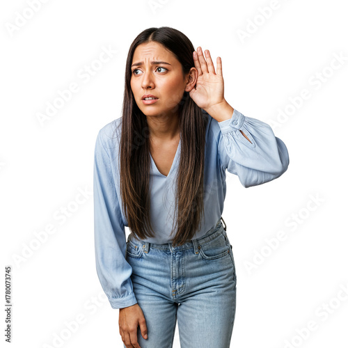Attentive young woman listening intently, cupping hand behind ear to hear better, on isolated transparent background.