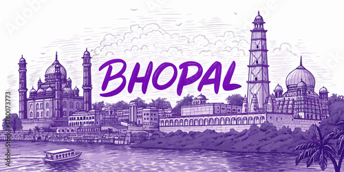 Bhopal Skyline Sketch with Cultural Touch for Tourism Promotion, Featuring Taj-ul-Masajid, Upper Lake, Bharat Bhavan and Tribal Museum – Perfect for Travel Art Prints and Wall Decor