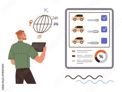 Person using tablet with global logistics symbols, car checklist, and data chart. Ideal for supply chain, delivery tracking, business management, logistics planning, shipping analytics, remote work