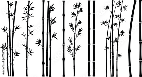 Extensive Black Bamboo Stalks and Leaves Silhouette Vector Set, Oriental Zen Nature Graphic Elements for Wellness and Spa Design, Traditional Asian Tropical Forest Illustrations Isolated.