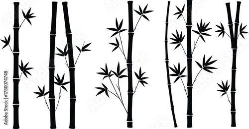 Stylized Black Bamboo Silhouette Vector Set, Minimalist Asian Forest Nature Design Element Collection, Traditional Oriental Zen Plant Stems and Leaves, Isolated Graphic Illustration for Decor 