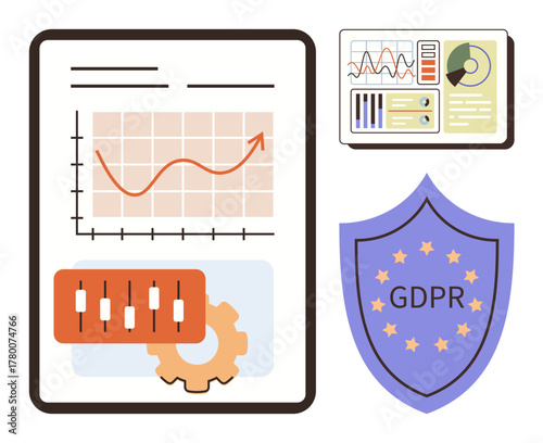 Report with graph, bar chart, settings gear, data dashboard, and GDPR shield. Ideal for privacy, analytics, compliance security regulation data management and governance. Simple flat metaphor