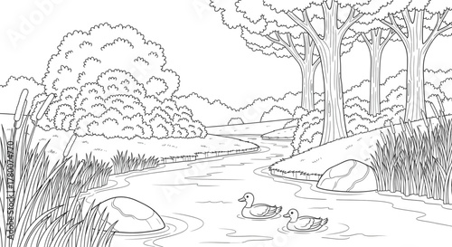 Serene Nature Coloring Page Two Ducks Swim in a Gentle River Surrounded by Lush Trees and Reeds A Peaceful Outdoor Scene for Creative Fun