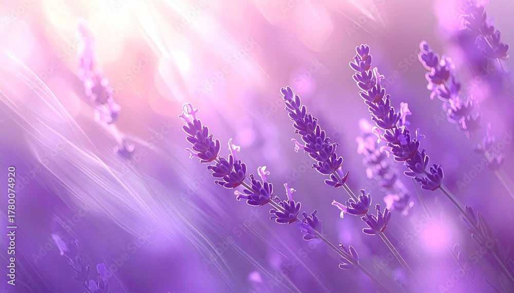 Naklejka premium Close Up Of Lavender Flowers With Soft Sunlight And Bokeh Effect In A Field