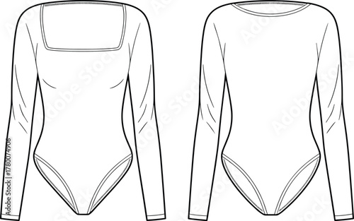 Women's Long Sleeve Bodysuit with Square Neck Technical Fashion Flat Sketch CAD Drawing Vector Illustration for Knitwear Apparel