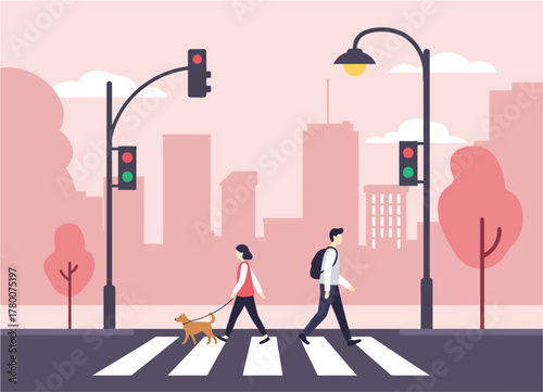 Illustration of a woman walking a dog and a man crossing a crosswalk in a city with traffic lights and buildings.