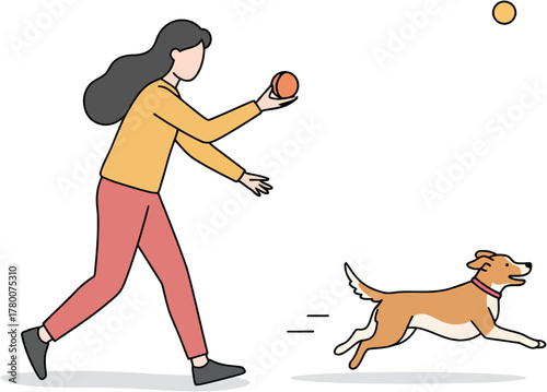 A woman throws a ball for a dog to retrieve during playtime outdoors.
