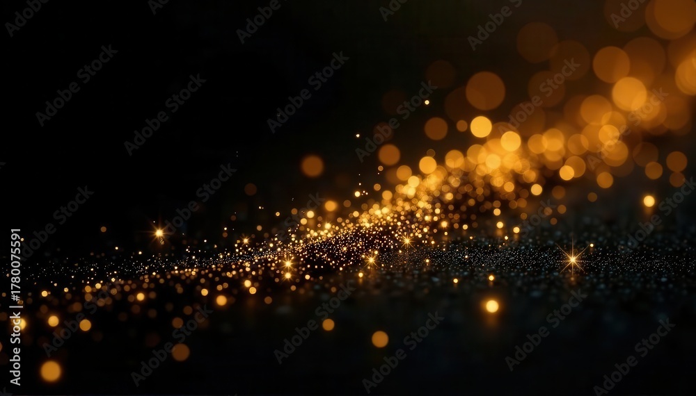 Fototapeta premium Golden glitter scattered across black, creating a sparkling effect , festive, gold, texture