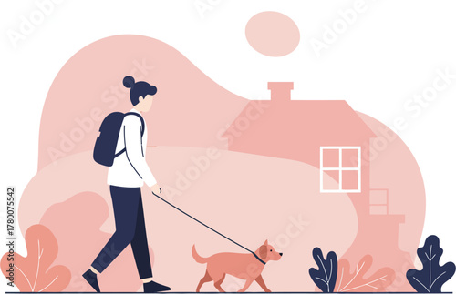 A person with a backpack walks a small dog on a leash along a sidewalk in front of a stylized house and foliage.