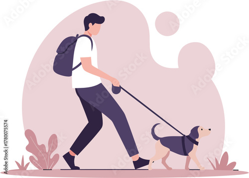 A casual young man with a backpack walks his small dog on a leash outdoors.