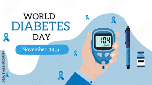 world diabetes day banner with hand holding a blood glucose meter, insulin, and insulin pen on blue background