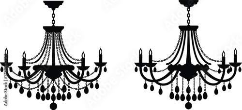 Elegant Crystal Chandelier Silhouettes Set, Two Ornate Classic Lighting Fixtures with Hanging Prisms and Candle Bulbs, Luxury Interior Decor, Victorian Style, Royal Ballroom, and Vintage Lamp 