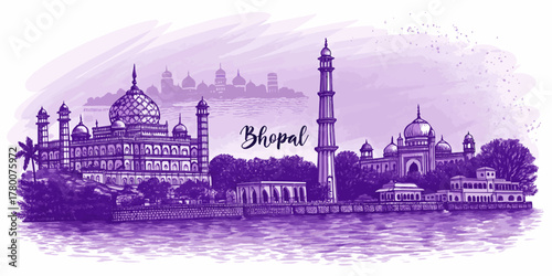 Bhopal Skyline Sketch with Cultural Touch for Tourism Promotion, Featuring Taj-ul-Masajid, Upper Lake, Bharat Bhavan and Tribal Museum – Perfect for Travel Art Prints and Wall Decor