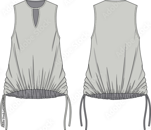 Women's Sleeveless Tunic Top with Adjustable Ruched Hemline and Keyhole Neck Technical Fashion Sketch CAD Drawing Vector Illustration