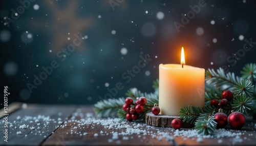 Scenic Christmas candle with snowy backdrop on wood, festive feel, decoration, holiday, winter