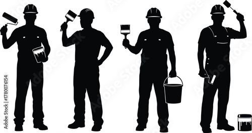 Professional Painter and Decorator Silhouettes Set, Contractors Holding Paint Roller Brush Bucket, Home Renovation and Improvement, Construction Worker Job Occupation Icons Vector Collection