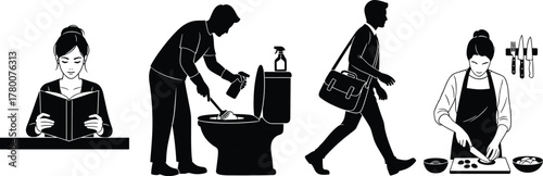 Daily routine activities set black silhouette woman reading cleaning toilet man walking work cooking kitchen chores lifestyle vector illustration people everyday life balance concept graphic minimal 